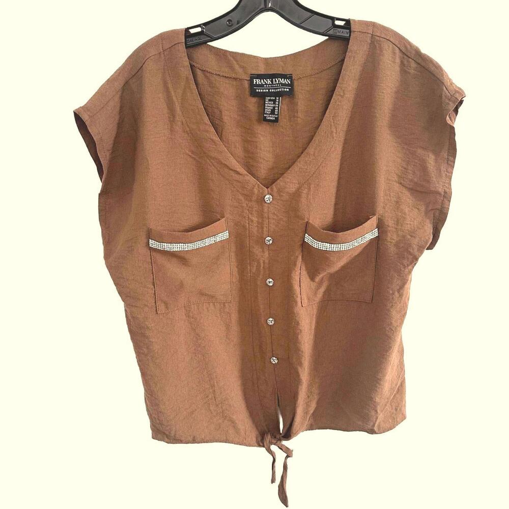 Frank Lyman Brown Button Front Tie Top with Pocket Sequined Detail - Size 16